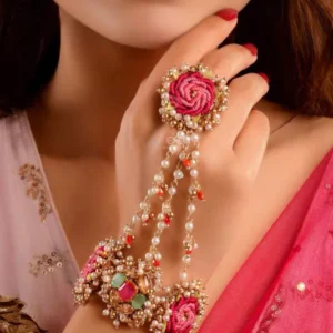 skip to the beginning of the images gallery gulratna jewel of roses handcrafted rose haathphool with beaded fringes, pearls and gem details